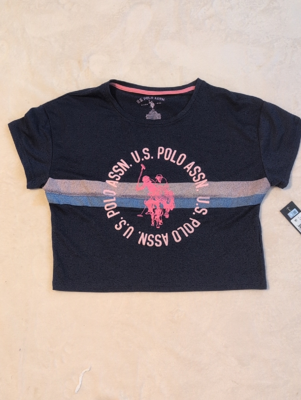 U.S. Polo Assn. Woman's Blue Cropped Tee with Pink Logo and Blue Stripe Large